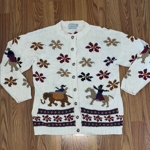 Vintage White Sweater with Horse and Floral Design